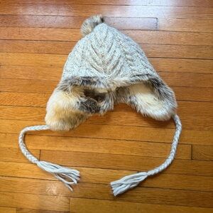 Aerie Cable Knit Faux Fur-Lined Winter Hat with Tassels